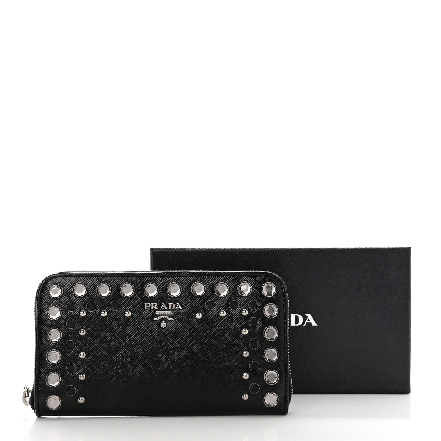 Saffiano Vernice Crystal Studded Zip Around Wallet Black