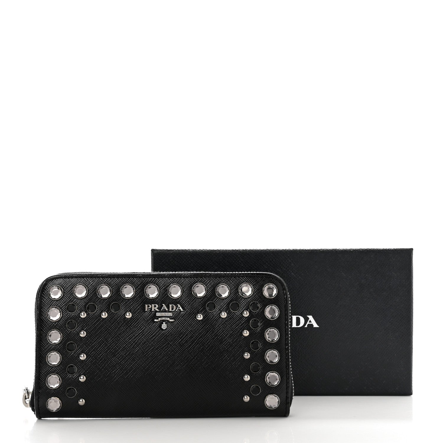 Prada Saffiano Vernice Crystal Studded Zip Around Wallet Black 7 of 7