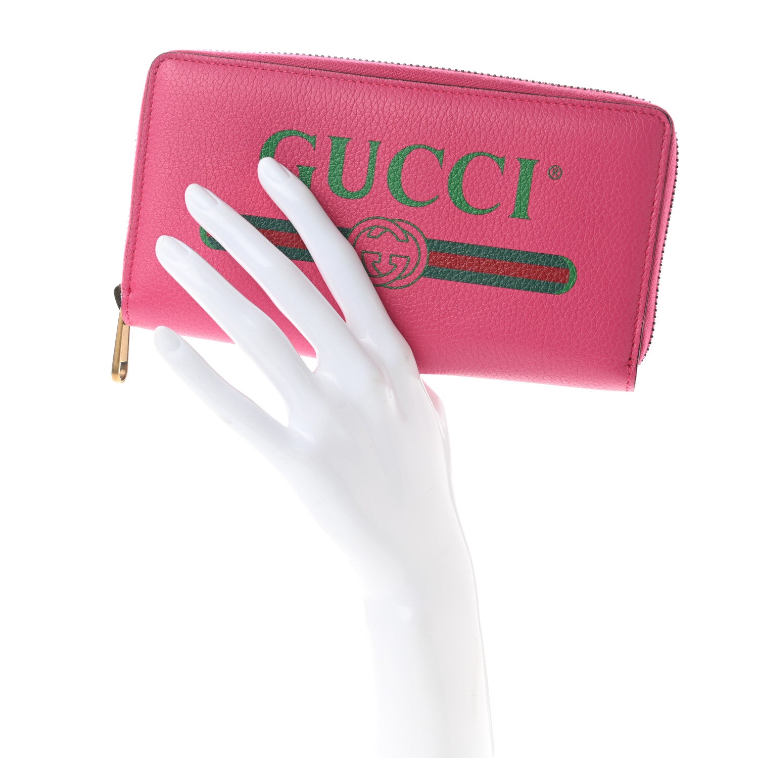 Gucci Grained Calfskin Logo Zip Around Wallet Box Pink Green 2 of 8
