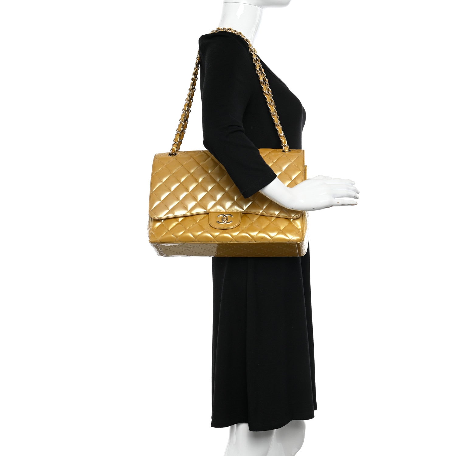 Chanel Metallic Patent Quilted Maxi Single Flap Beige 2 of 14