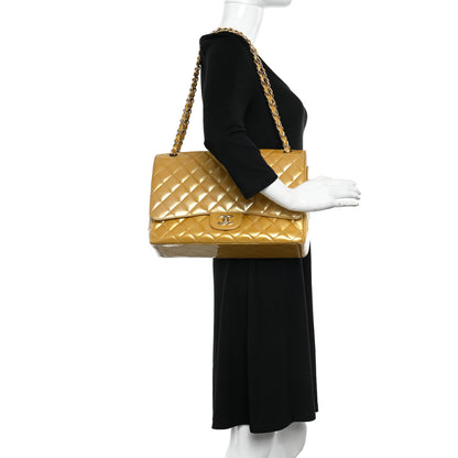 Chanel Metallic Patent Quilted Maxi Single Flap Beige 2 of 14