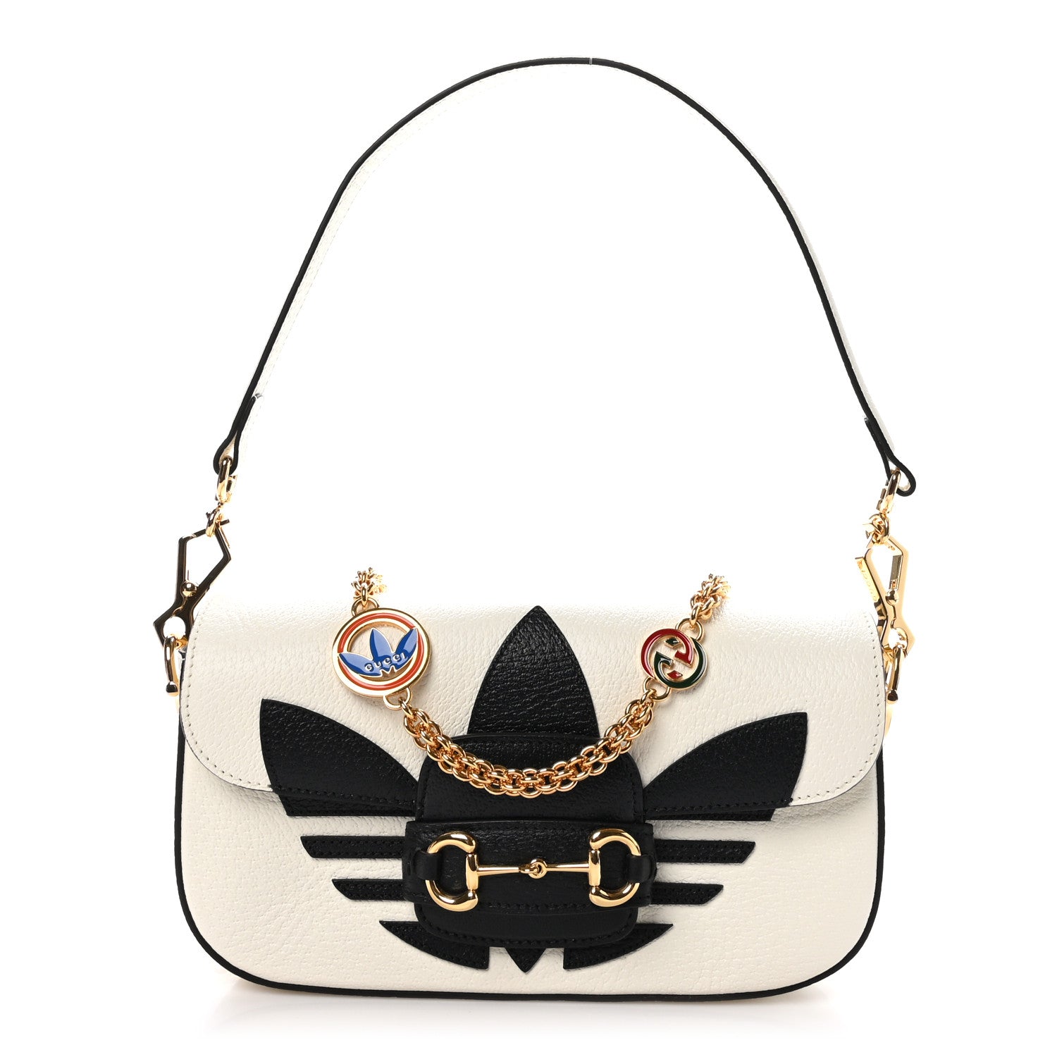 Gucci X ADIDAS Textured Dollar Calfskin Web Trefoil Mini Horsebit 1955 Shoulder Bag Off White Black 1 of 10