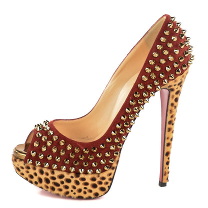 Christian Louboutin Veau Velours Calf Hair Leopard Lady Peep Spikes 150 Pumps 36.5 Red 1 of 7