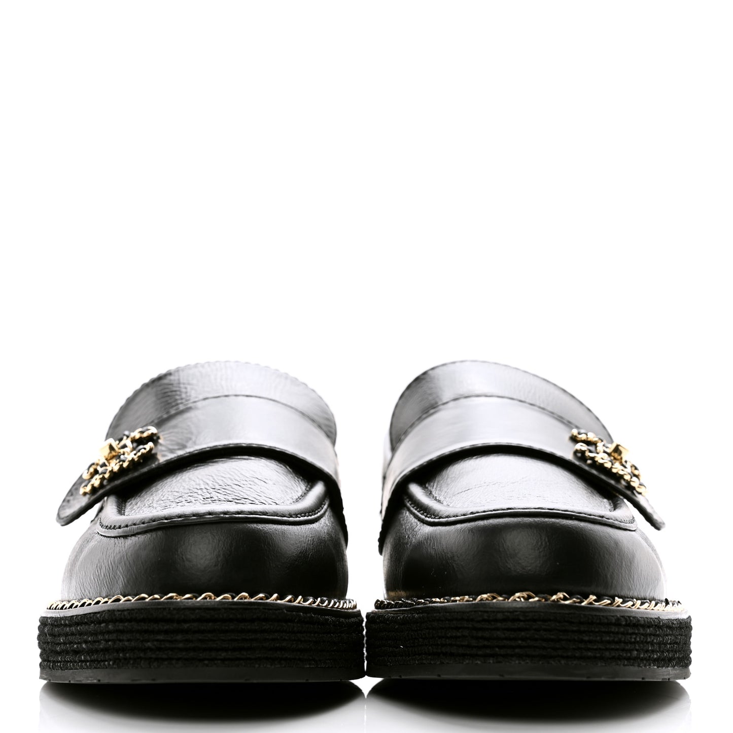 Shiny Calfskin CC Moccasin Loafers 38 Black