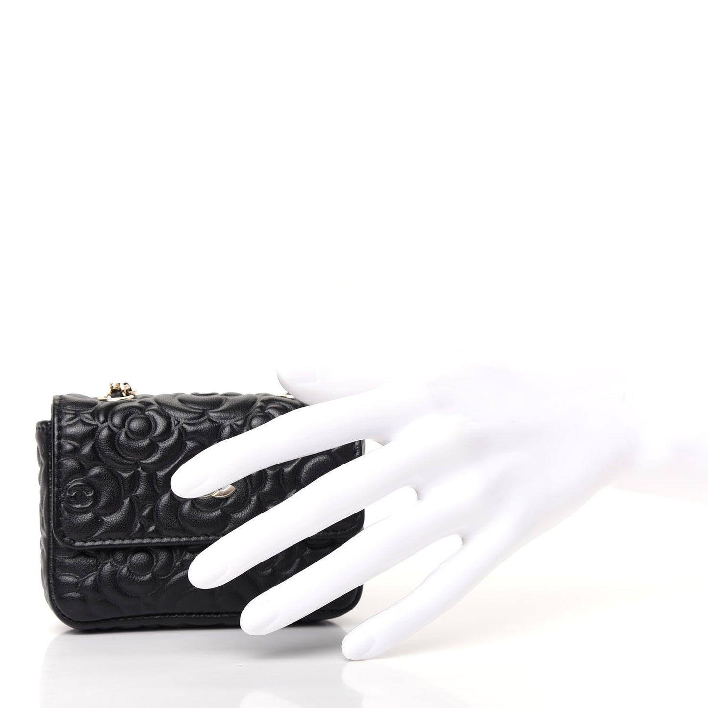 Lambskin Camellia Embossed Chain Belt Bag Black