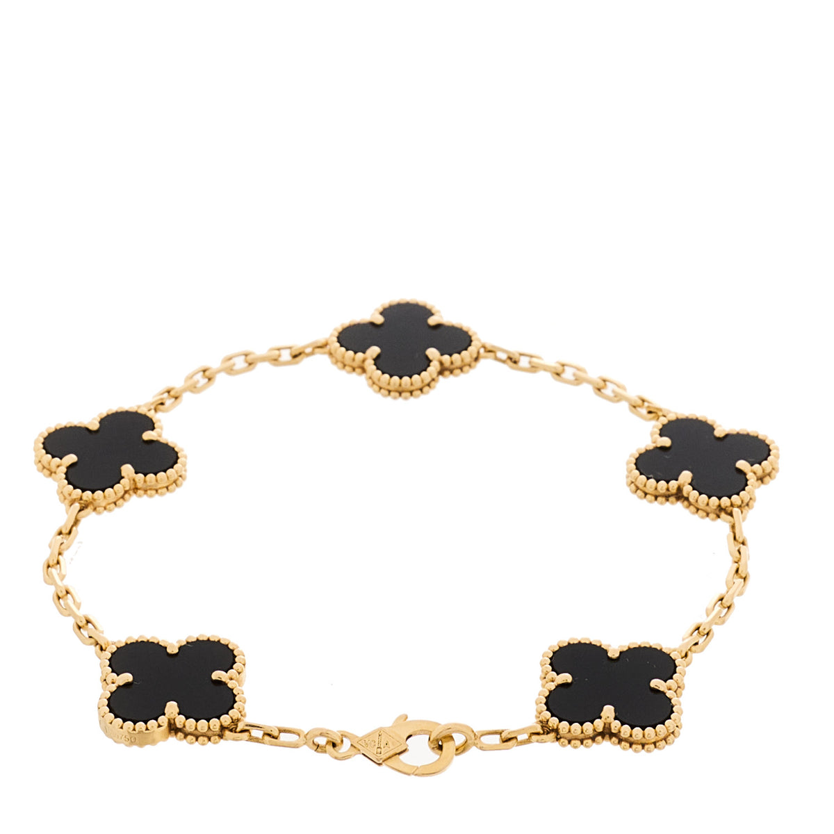 18K Yellow Gold Black Onyx 5 Motifs Vintage Alhambra Bracelet