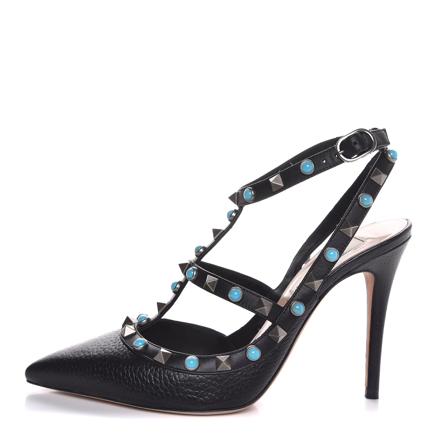 Valentino Garavani Pebbled Calfskin Turquoise Rockstud Rolling Ankle Strap 100mm Pumps 36 Black 1 of 9