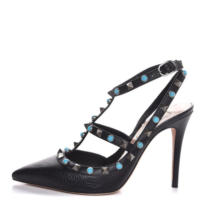 Valentino Garavani Pebbled Calfskin Turquoise Rockstud Rolling Ankle Strap 100mm Pumps 36 Black 1 of 9