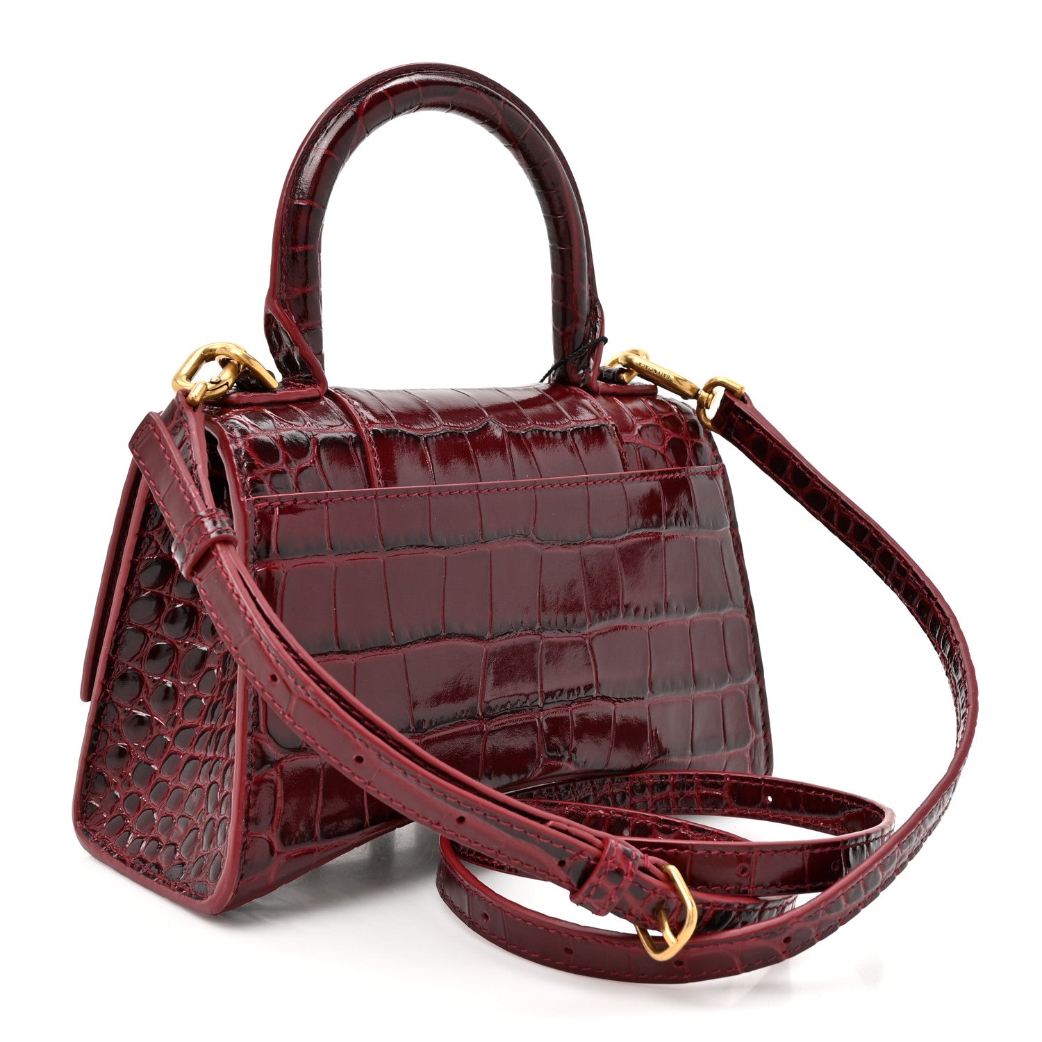 Balenciaga Shiny Calfskin Crocodile Embossed Hourglass Top Handle Bag XS Dark Red 2 of 12