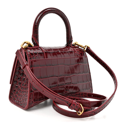 Balenciaga Shiny Calfskin Crocodile Embossed Hourglass Top Handle Bag XS Dark Red 2 of 12