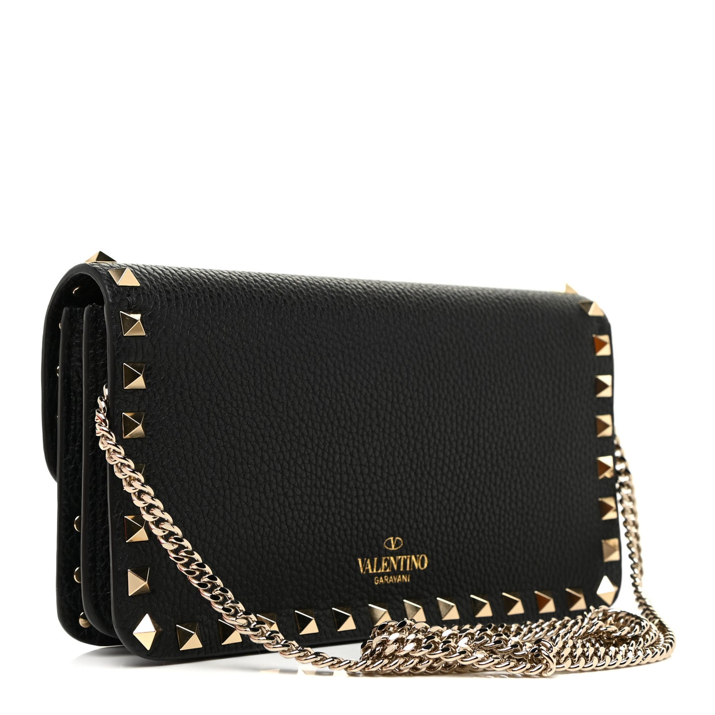 Pebbled Calfskin Rockstud Flap Wallet On Chain Black