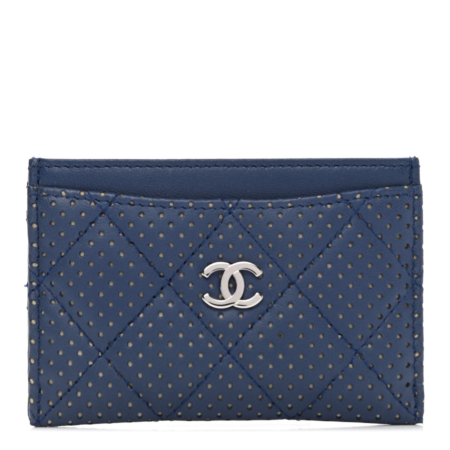 Perforated Lambskin Quilted Card Holder Blue