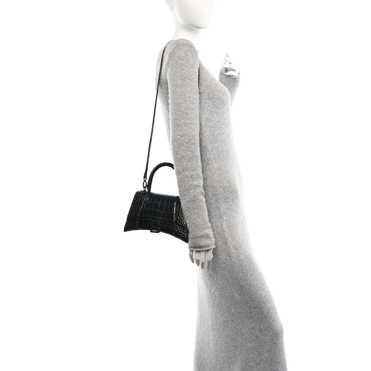Shiny Calfskin Monochrome Crocodile Embossed Small Hourglass Top Handle Bag Black