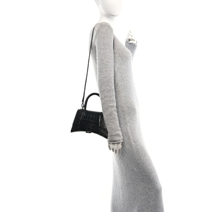 Balenciaga Shiny Calfskin Monochrome Crocodile Embossed Small Hourglass Top Handle Bag Black 2 of 10