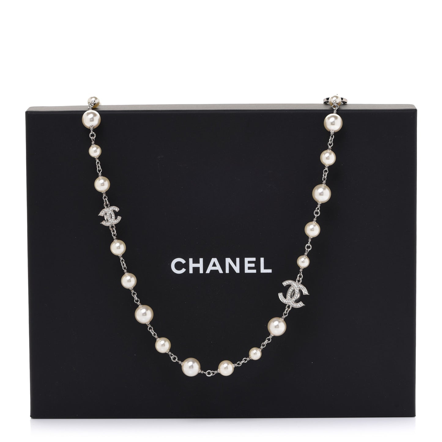 Graduated Pearl Crystal CC Long Necklace Silver