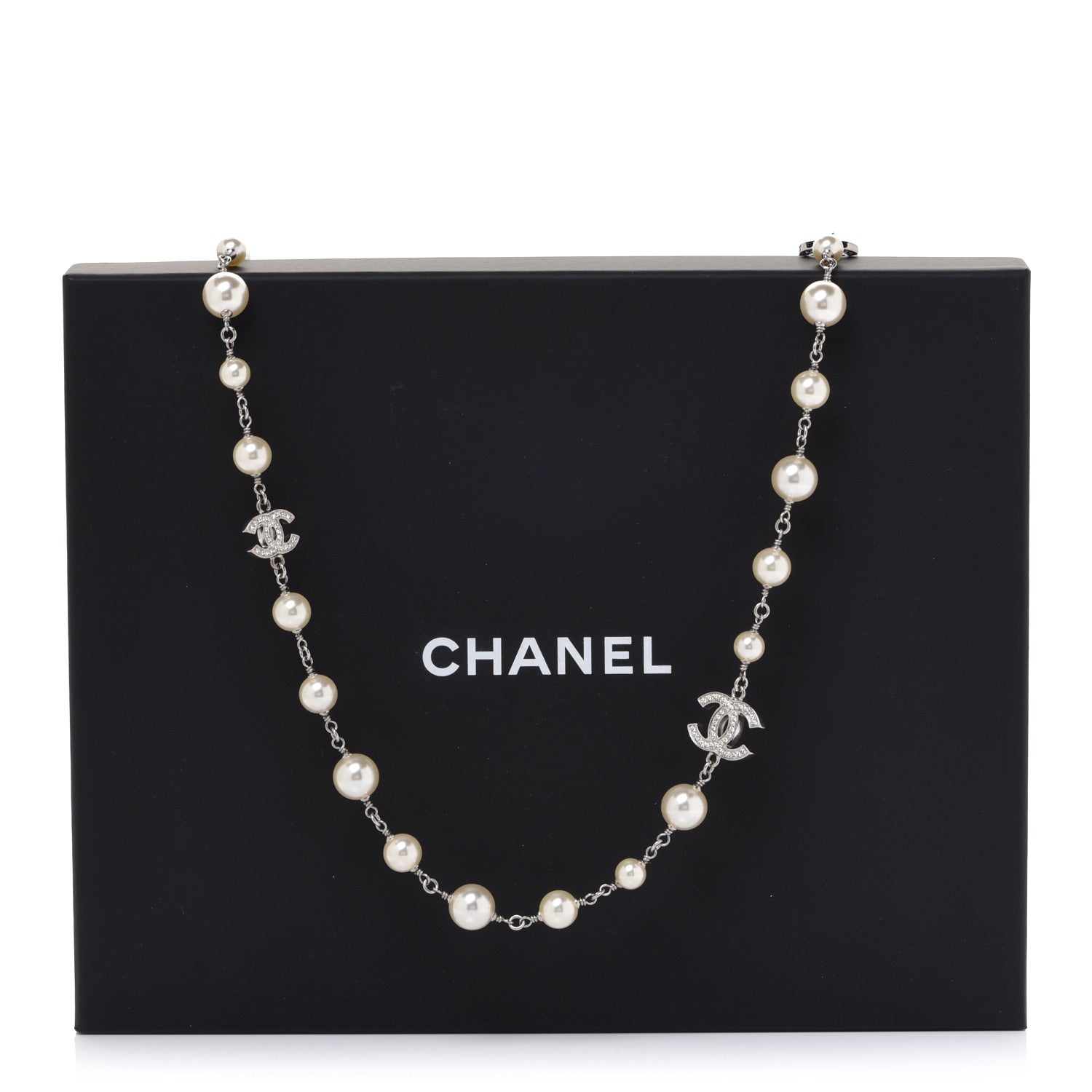 Chanel Graduated Pearl Crystal CC Long Necklace Silver 6 of 6