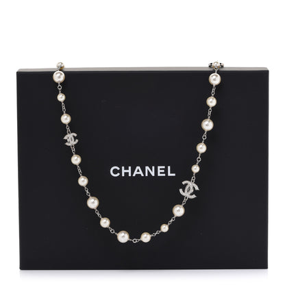 Chanel Graduated Pearl Crystal CC Long Necklace Silver 6 of 6