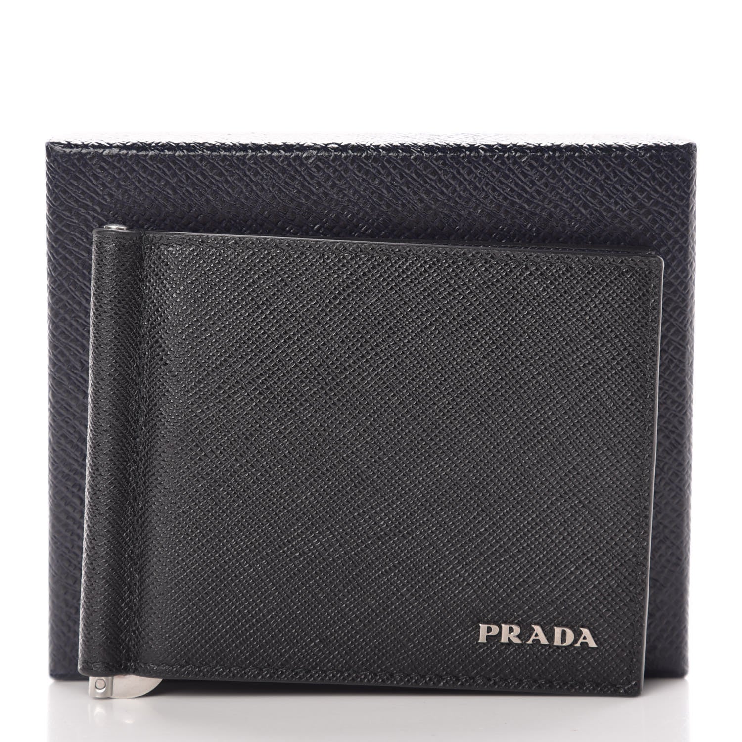 Prada Saffiano Metal Bi-Color Money Clip Bi-Fold Wallet Black Baltico 8 of 8