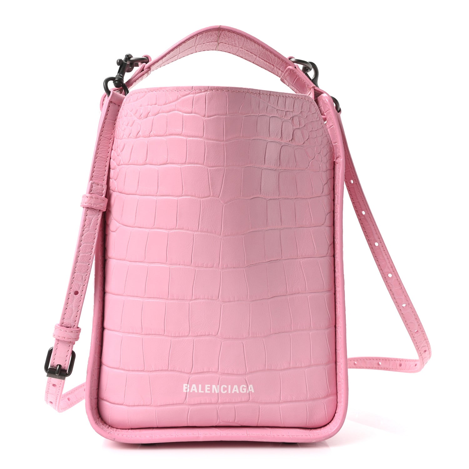 Balenciaga Calfskin Logo Crocodile Embossed XS Tool 2.0 North-South Tote Candy Pink White 1 of 11