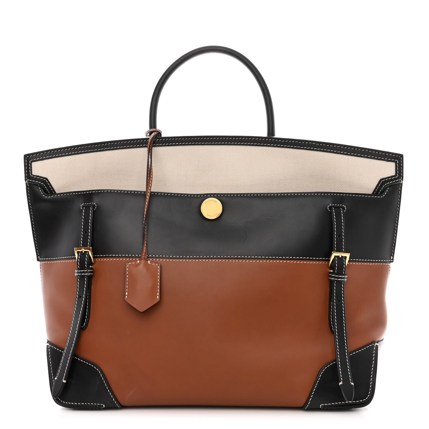 Burberry Calfskin Medium Society Top Handle Bag Black Brown 1 of 10