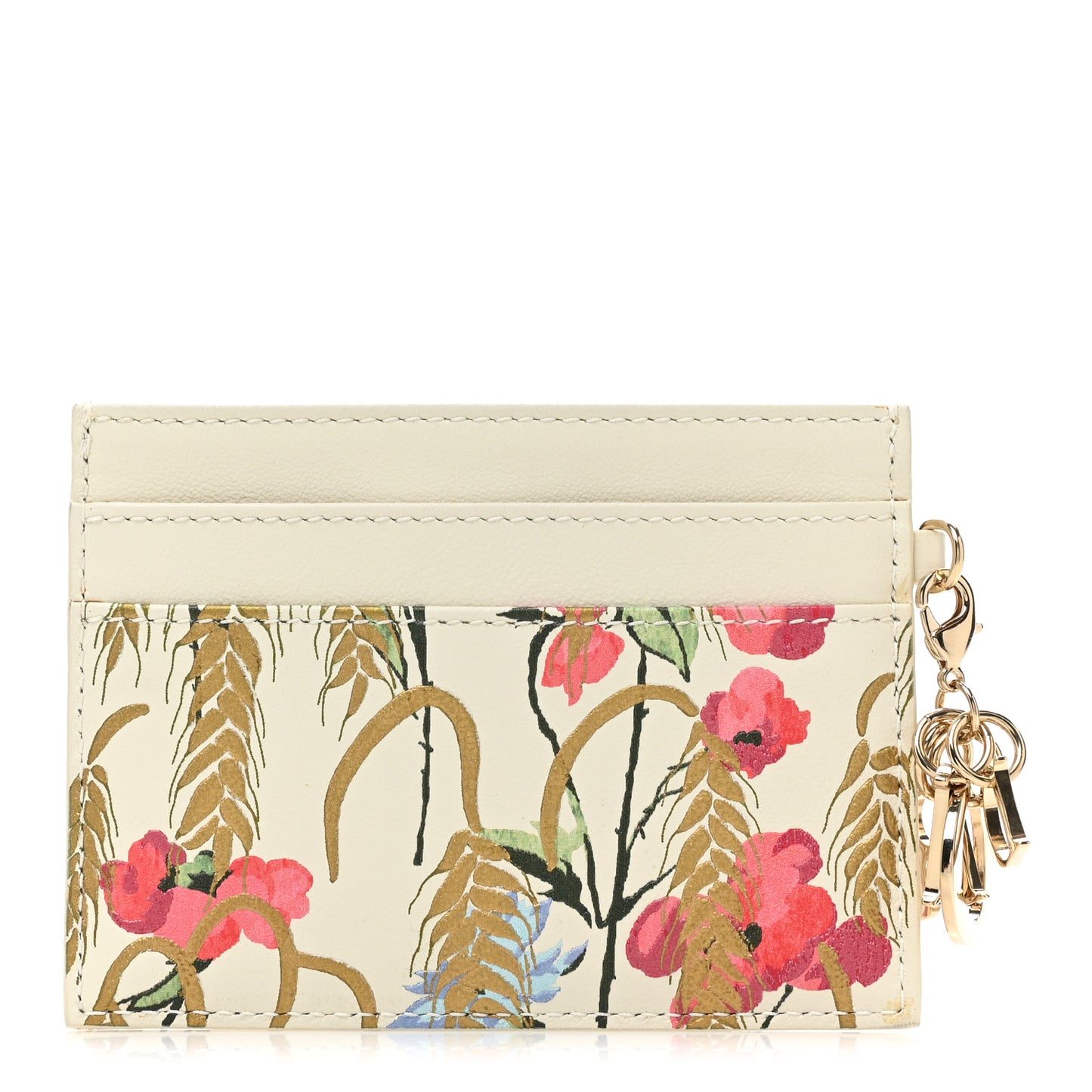 Calfskin Hibiscus Printed Card Holder Beige Multicolor