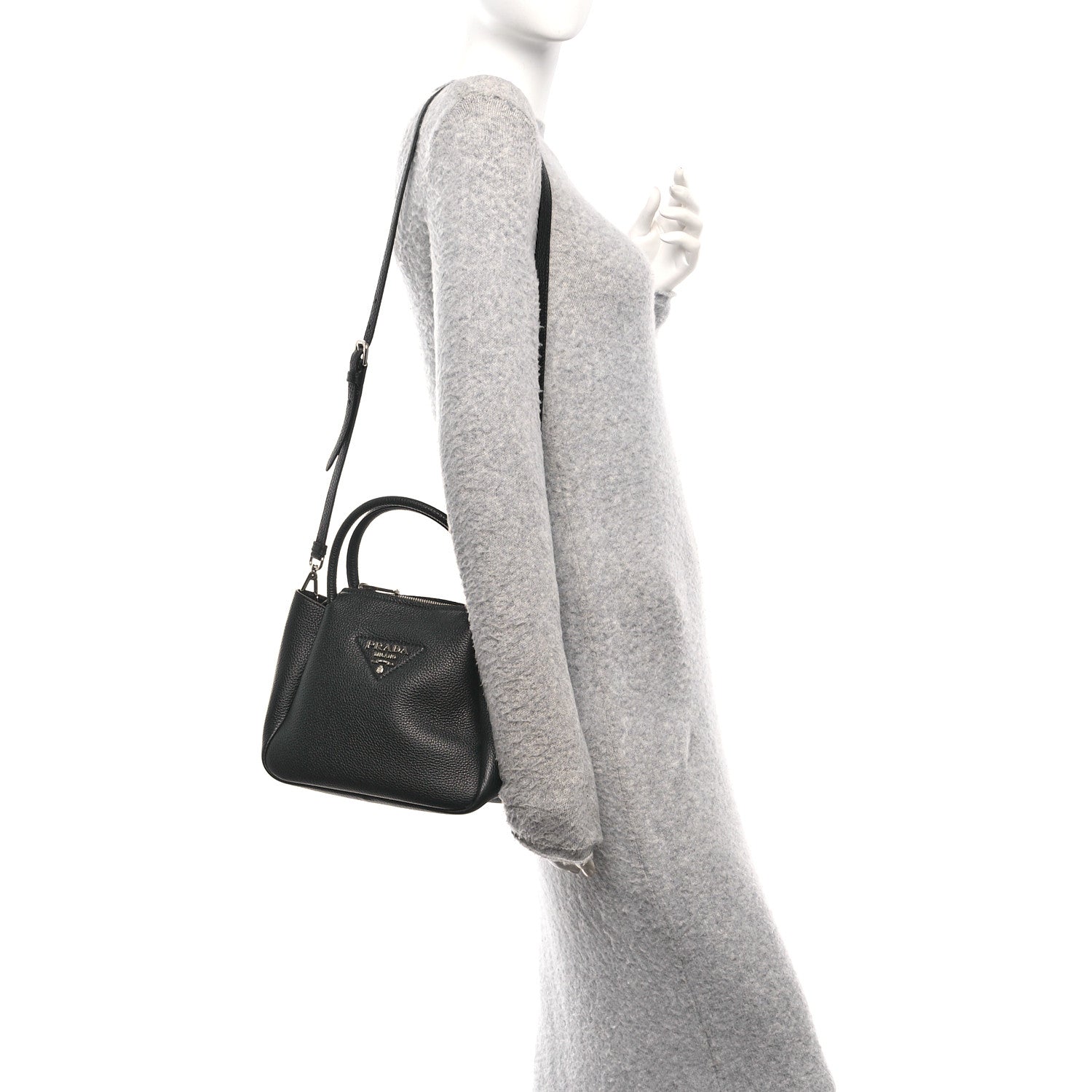 Prada Vitello Daino Soft Mini Zippered Top Handle Bag Black 2 of 10