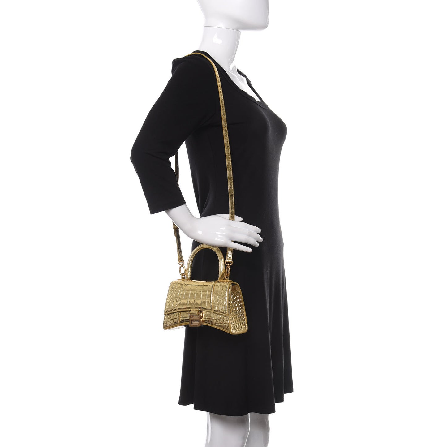 Metallic Calfskin Crocodile Embossed Hourglass Top Handle Bag XS Gold