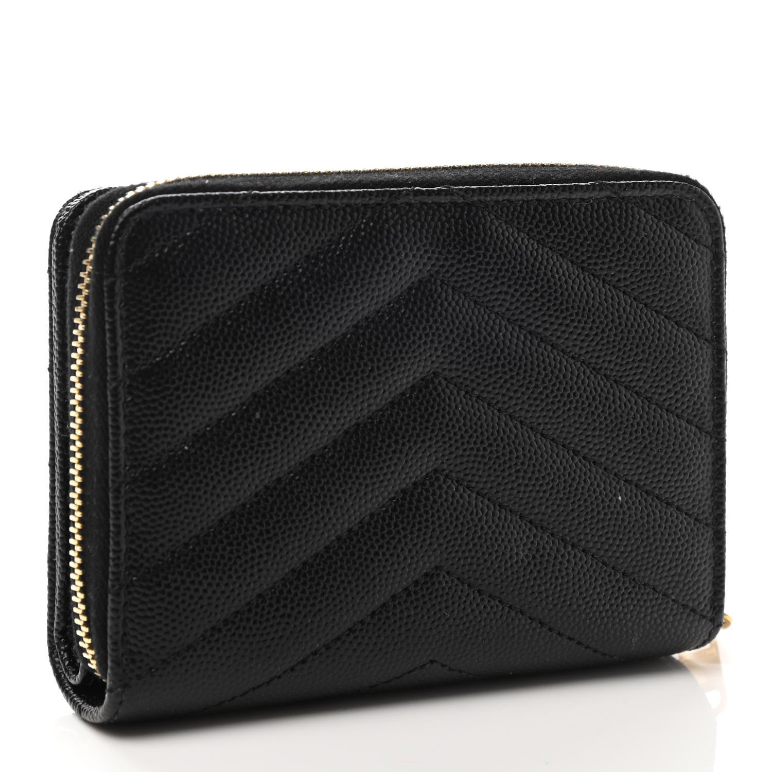 Saint Laurent Grain De Poudre Matelasse Chevron Monogram Compact Zip Around Wallet Black 3 of 8
