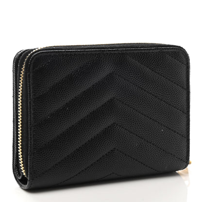 Saint Laurent Grain De Poudre Matelasse Chevron Monogram Compact Zip Around Wallet Black 3 of 8