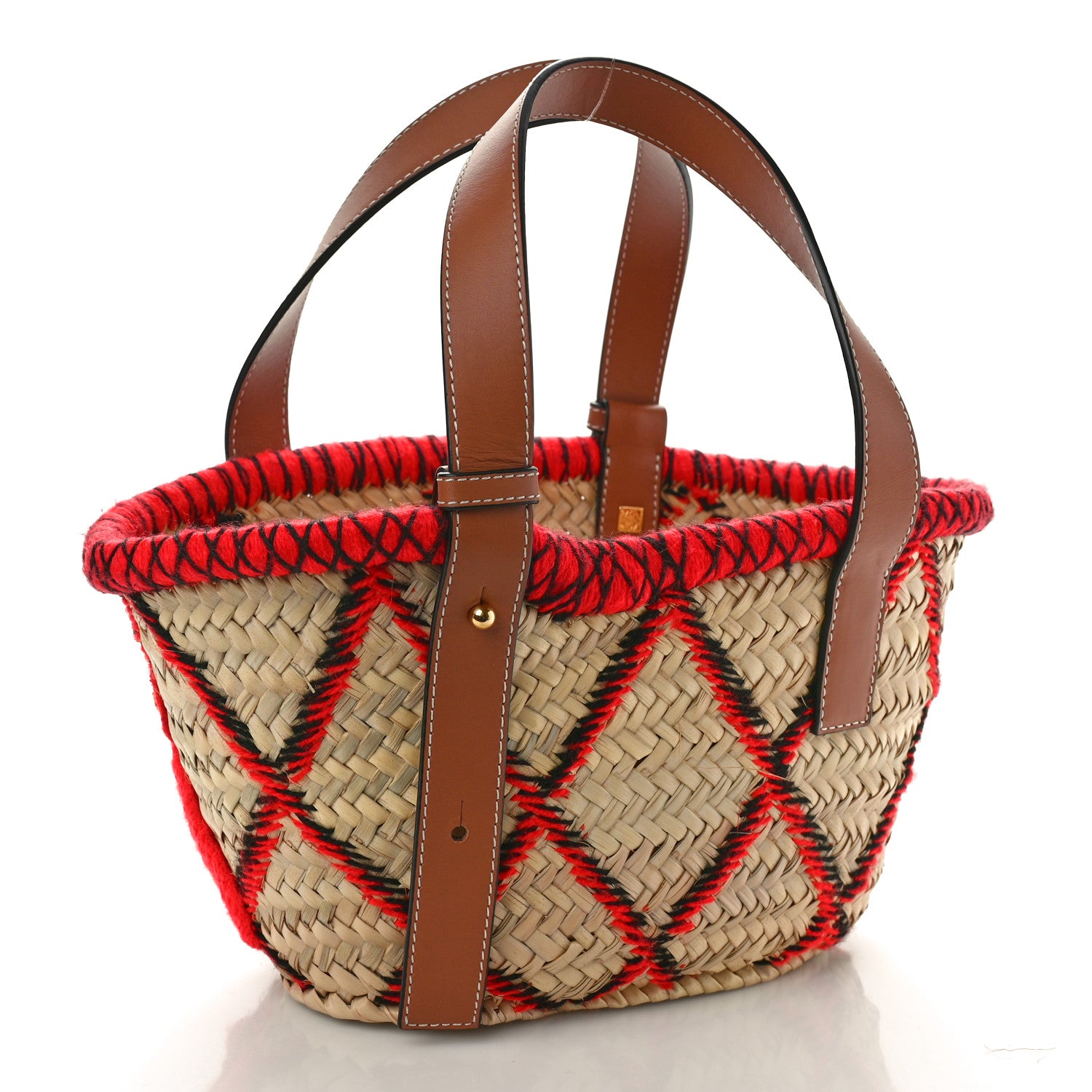 Loewe Embroidered Raffia Basket Tote Bag Natural Tan Red 3 of 9