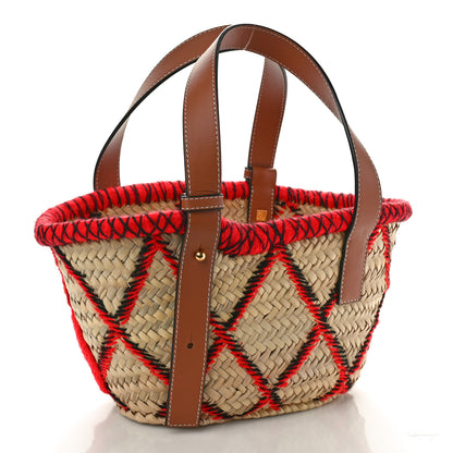 Loewe Embroidered Raffia Basket Tote Bag Natural Tan Red 3 of 9