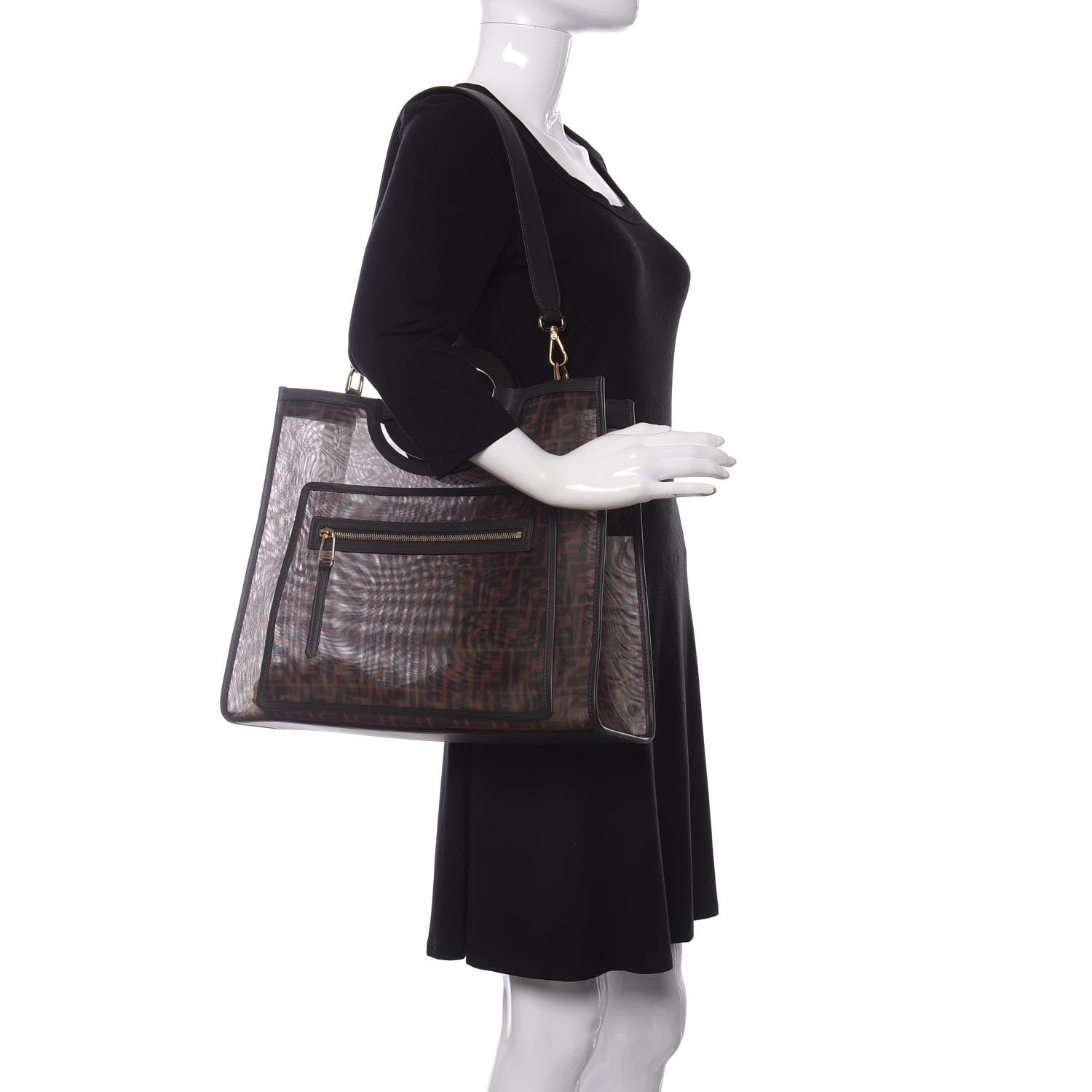 Fendi Mesh Vitello Century Cuoio FF 1974 Medium Runaway Shopper Tote Marrone Black Ebano 2 of 10