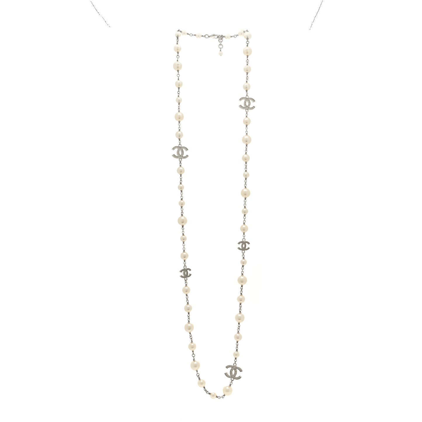 Graduated Pearl Crystal CC Long Necklace Silver