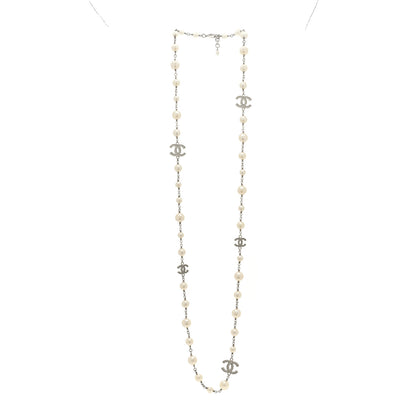 Chanel Graduated Pearl Crystal CC Long Necklace Silver 3 of 7