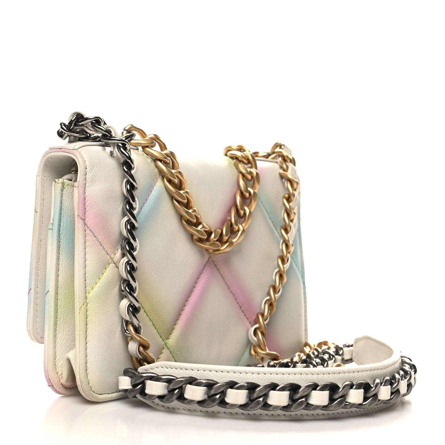 Printed Goatskin Quilted Chanel 19 Wallet On Chain WOC White Multicolor