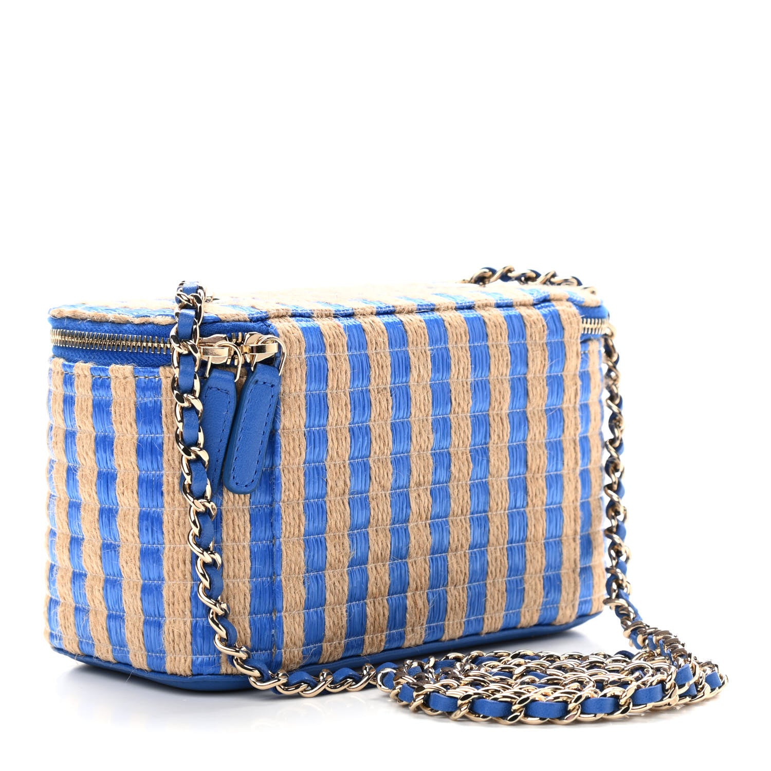 Chanel Raffia Jute Striped Small Vanity Case With Chain Blue Beige 3 of 10