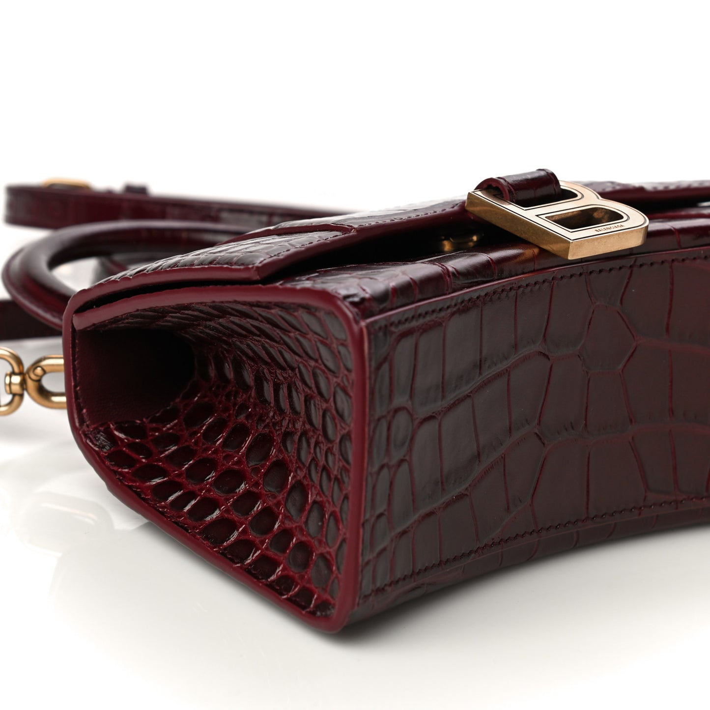 Shiny Calfskin Crocodile Embossed Hourglass Top Handle Bag XS Dark Red