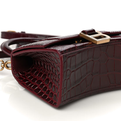 Balenciaga Shiny Calfskin Crocodile Embossed Hourglass Top Handle Bag XS Dark Red 8 of 9