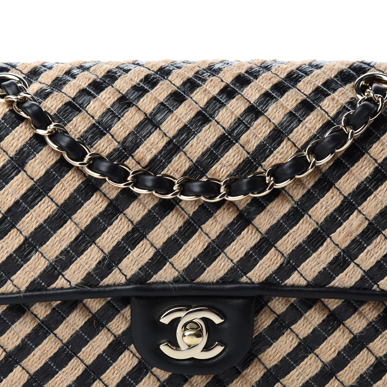 Chanel Raffia Jute Striped Medium Single Flap Black Beige 10 of 10