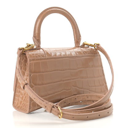 Balenciaga Shiny Calfskin Crocodile Embossed Hourglass Top Handle Bag XS Nude Beige 3 of 11