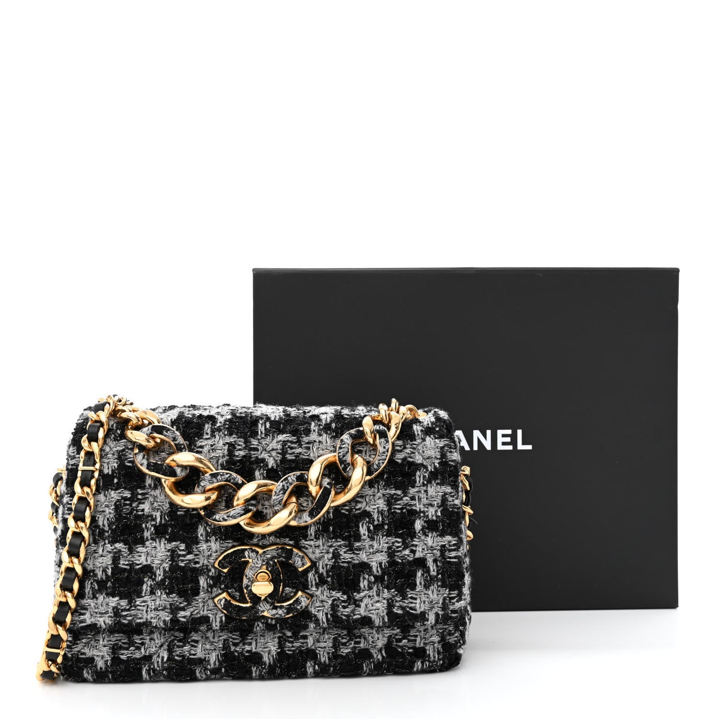 Wool Tweed Quilted Elegant Chain Flap Black Grey