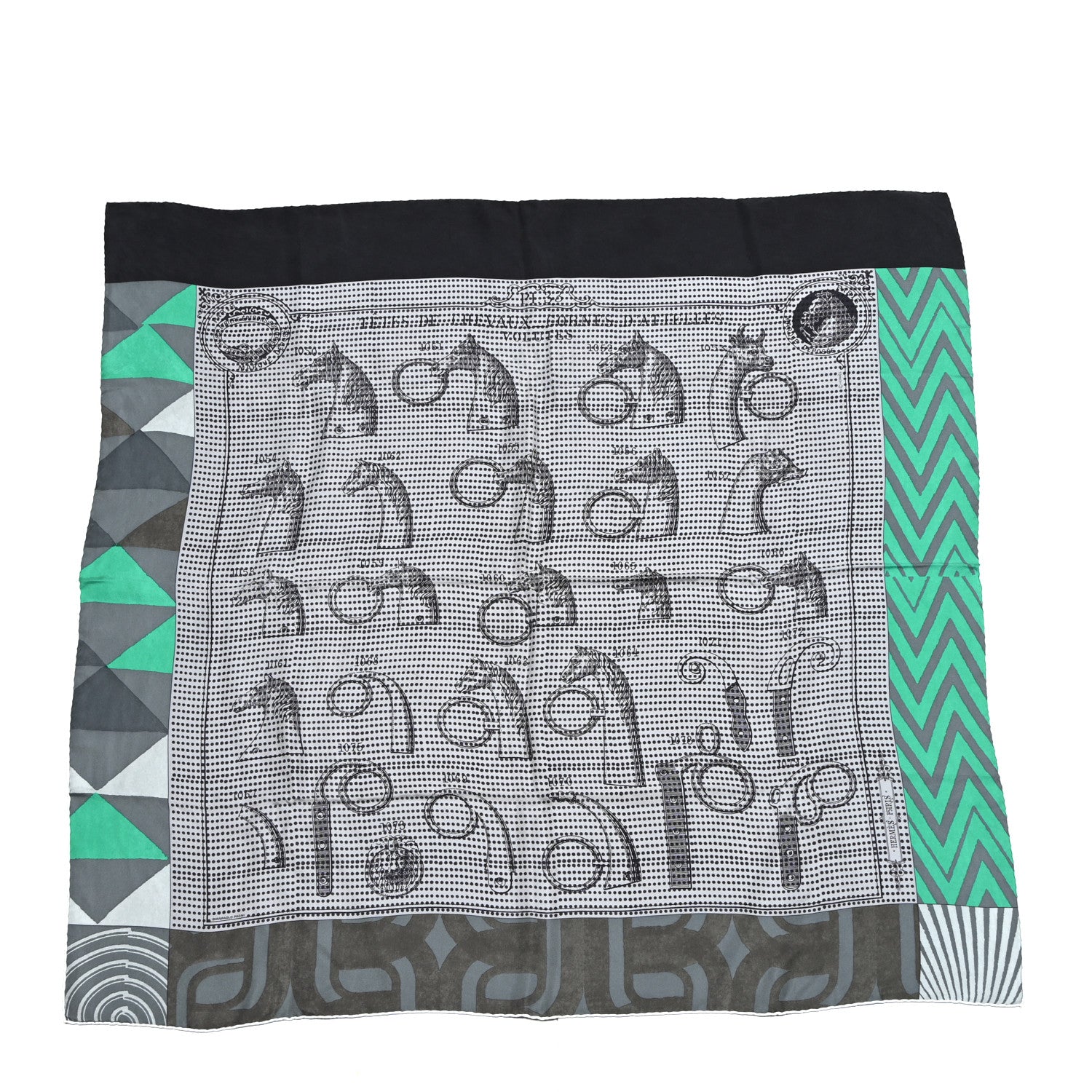 Hermes Silk Manufacture de Boucleries Scarf 90 Gris Noir Menthol 1 of 5