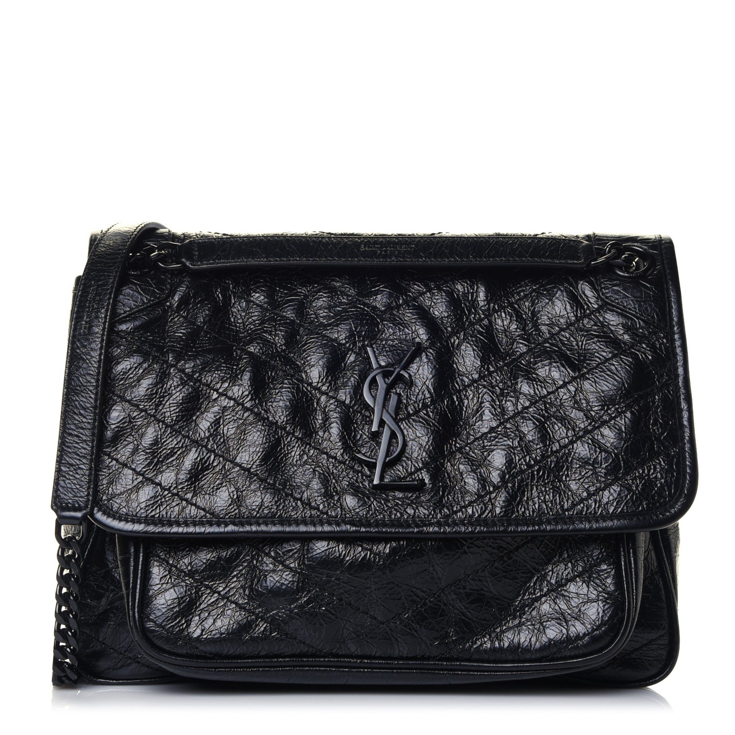 Crinkled Calfskin Matelasse Monogram Medium Niki Chain Satchel Black