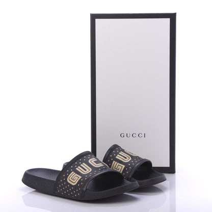 Gucci X SEGA Supreme Canvas GUCCY Stars Womens Slide Sandals 35 Black Gold 8 of 8