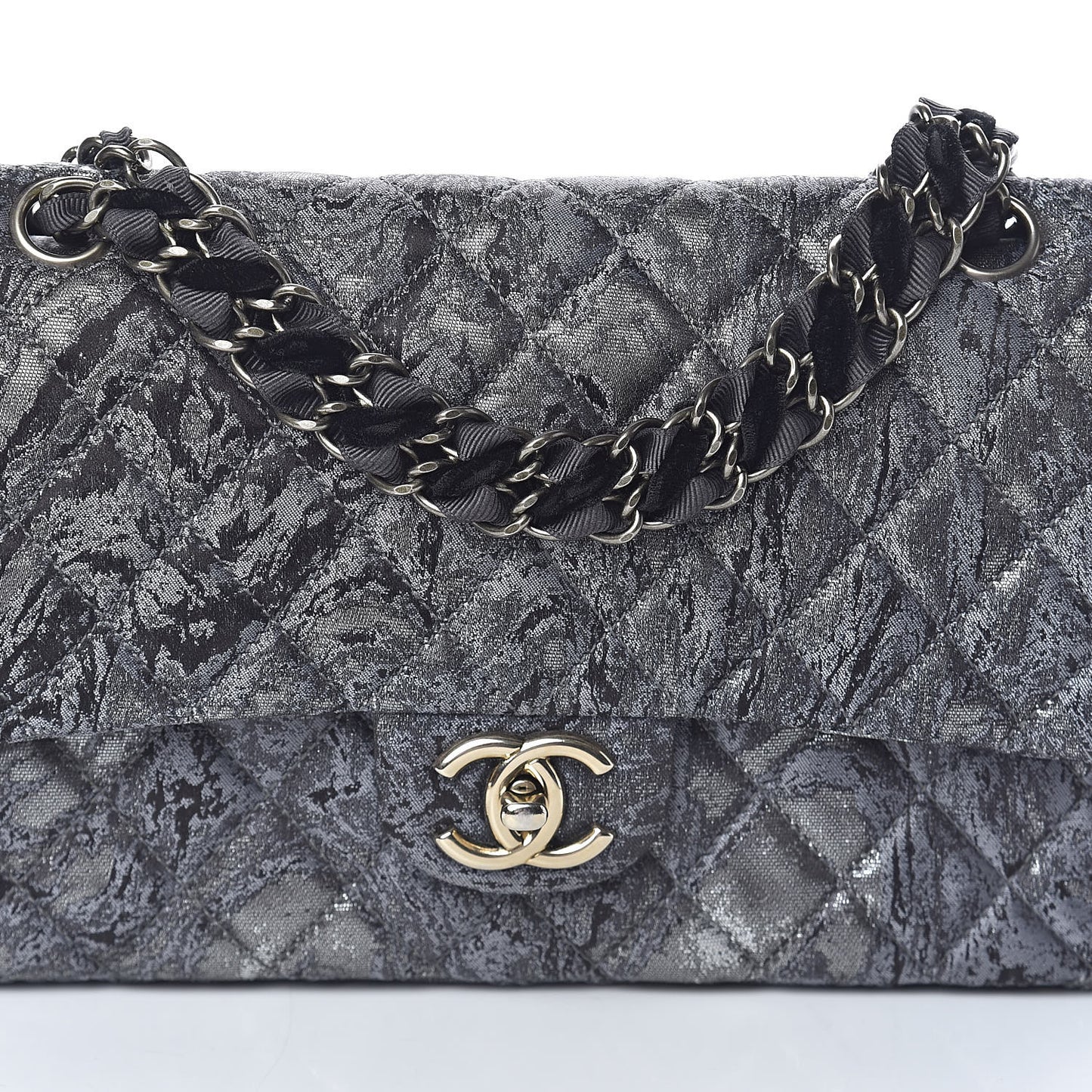 Metallic Brocade Quilted Medium Double Flap Dark Grey