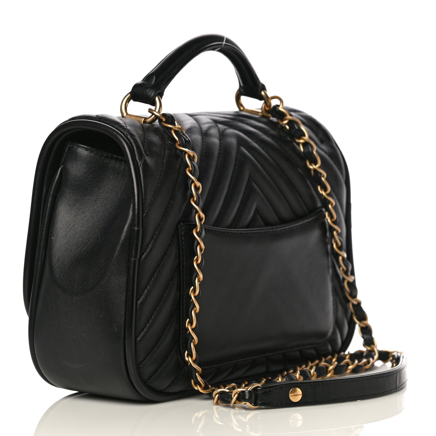 Chanel Lambskin Reverse Chevron Quilted Round Top Handle Flap Black 3 of 18