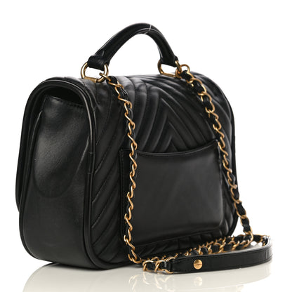 Chanel Lambskin Reverse Chevron Quilted Round Top Handle Flap Black 3 of 18