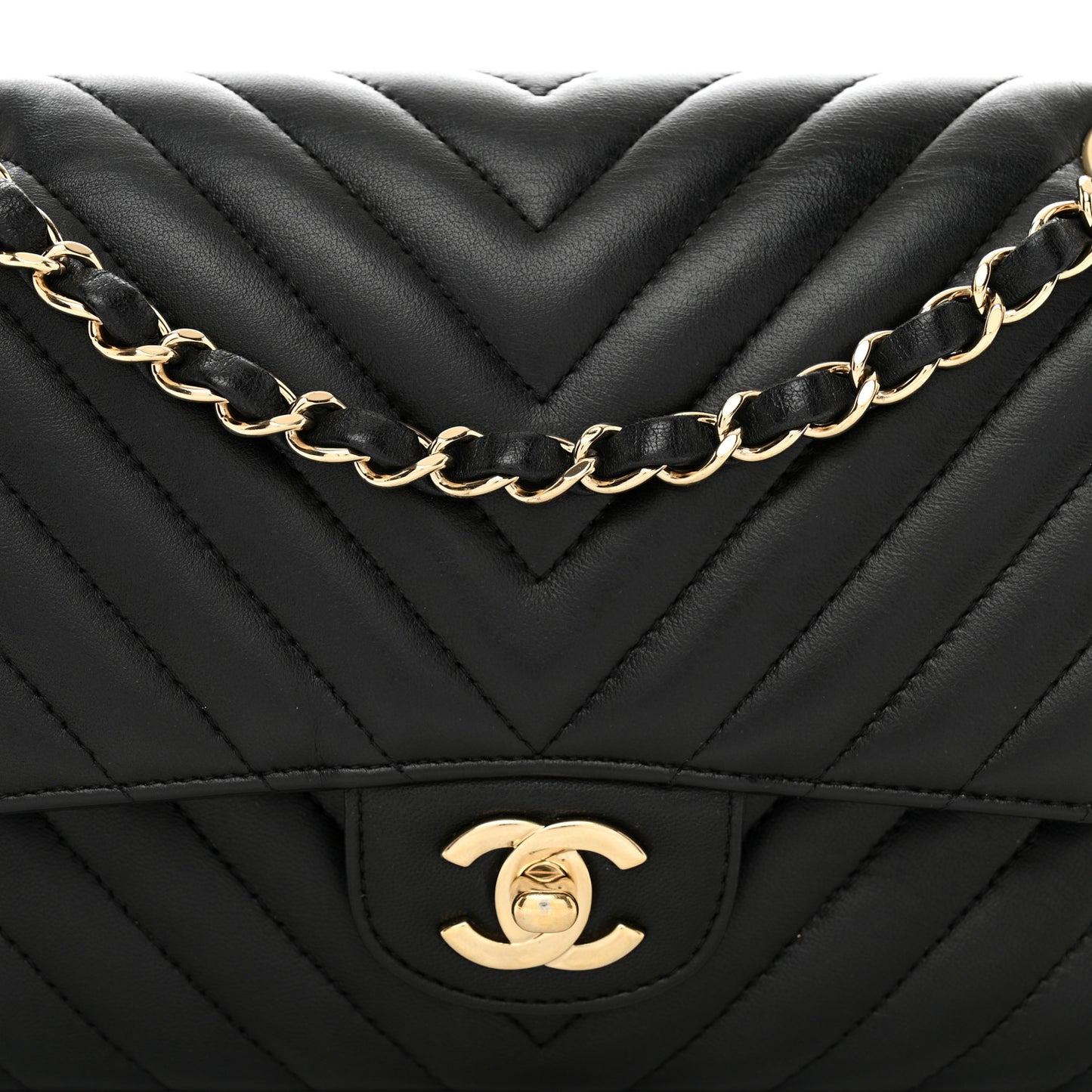 Lambskin Chevron Quilted Medium Double Flap Black