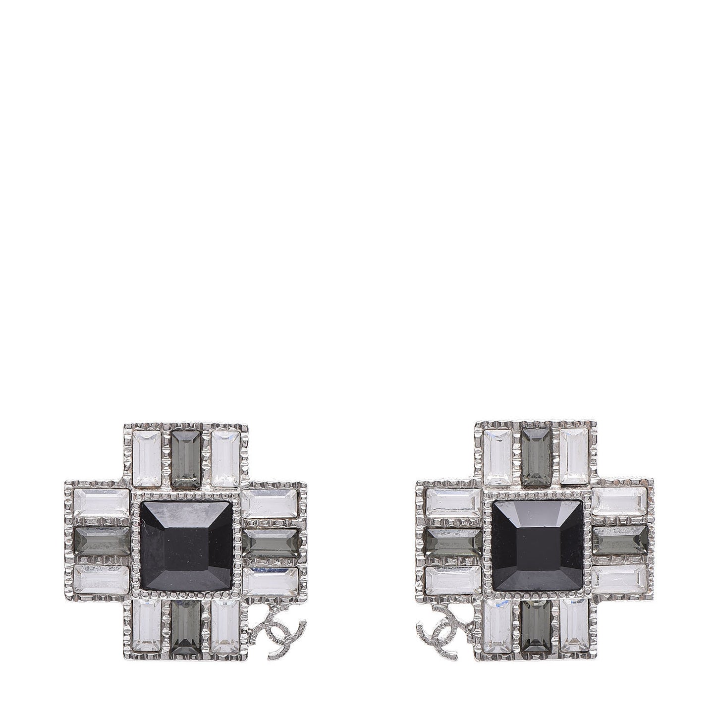 Baguette Crystal CC Earrings Silver Black