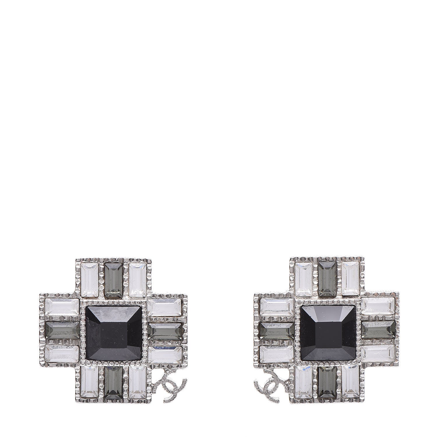 Chanel Baguette Crystal CC Earrings Silver Black 1 of 6